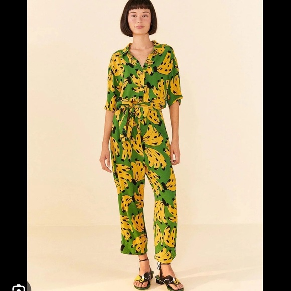 Farm Rio Bossa Banana Green Yellow Relaxed Belted Jumpsuit Size XS - Picture 2 of 9